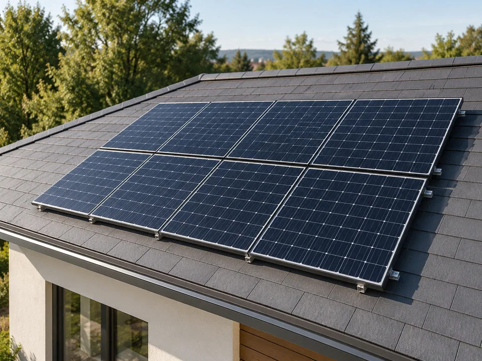 Imagem ilustrativa de oito painéis solares alinhados sobre o telhado de um imóvel.